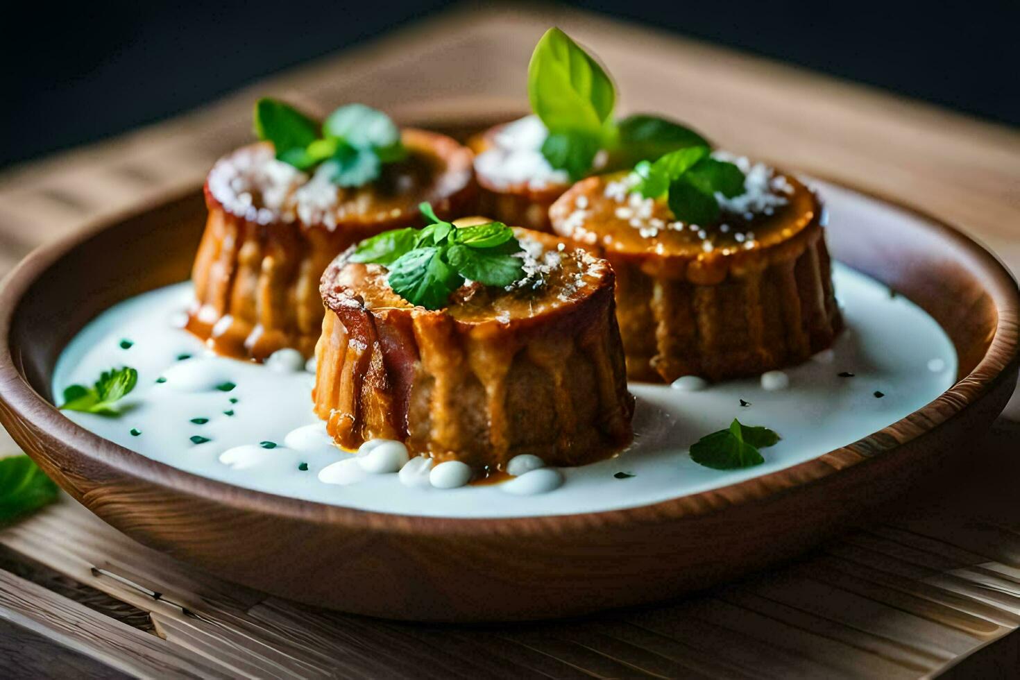 three small cakes with cream and herbs on a wooden plate. AI-Generated photo