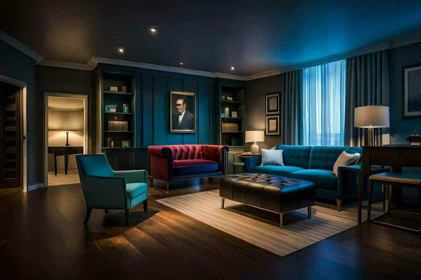 un vivo habitación con azul paredes y azul mueble. generado por ai foto