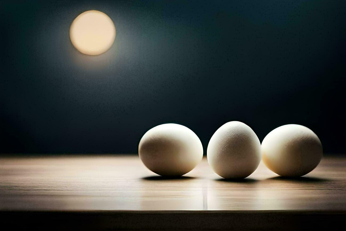 Tres huevos en un mesa en frente de un ligero. generado por ai foto