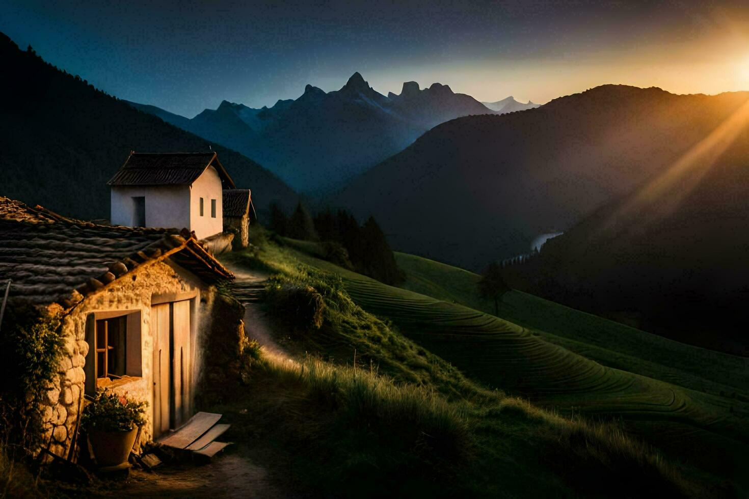 the sun rises over the mountains in the background. AI-Generated photo