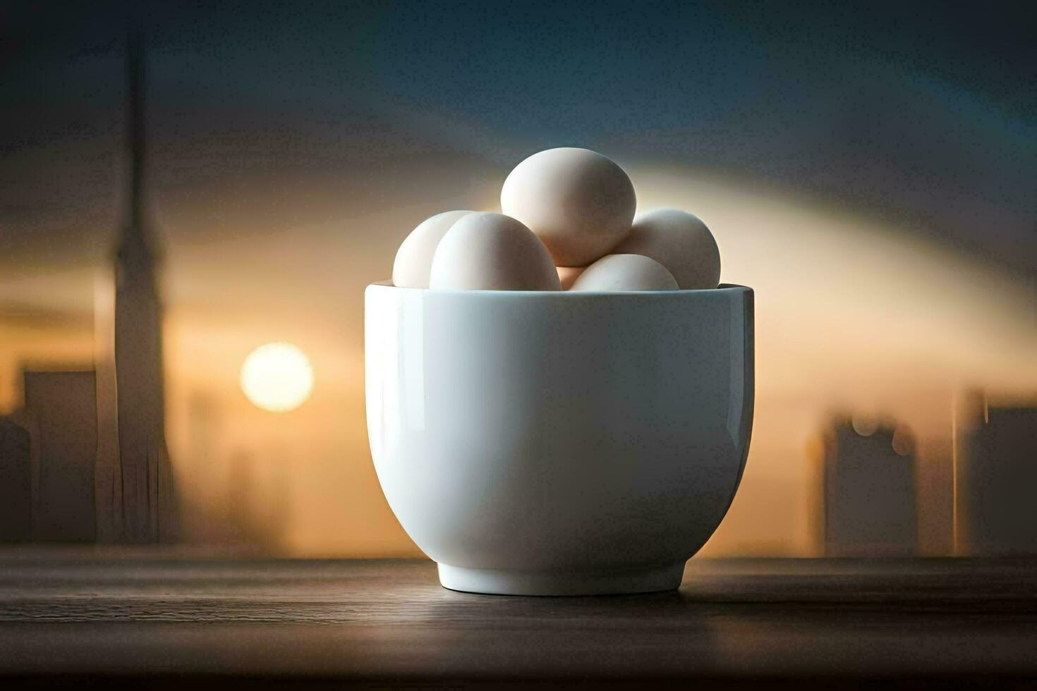 eggs in a cup on a table with city in the background. AI-Generated photo