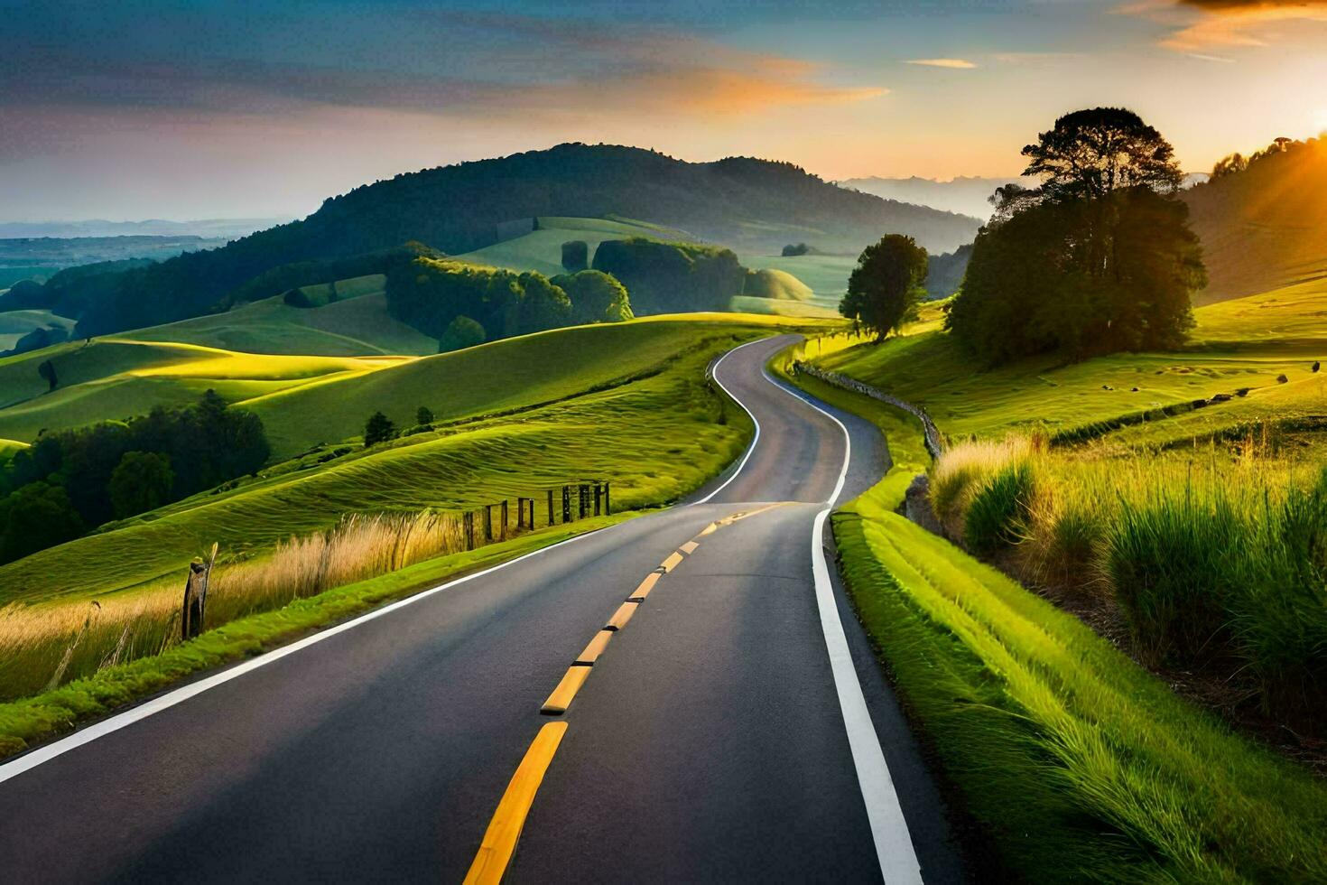 a scenic road in the mountains with the sun setting. AI-Generated photo