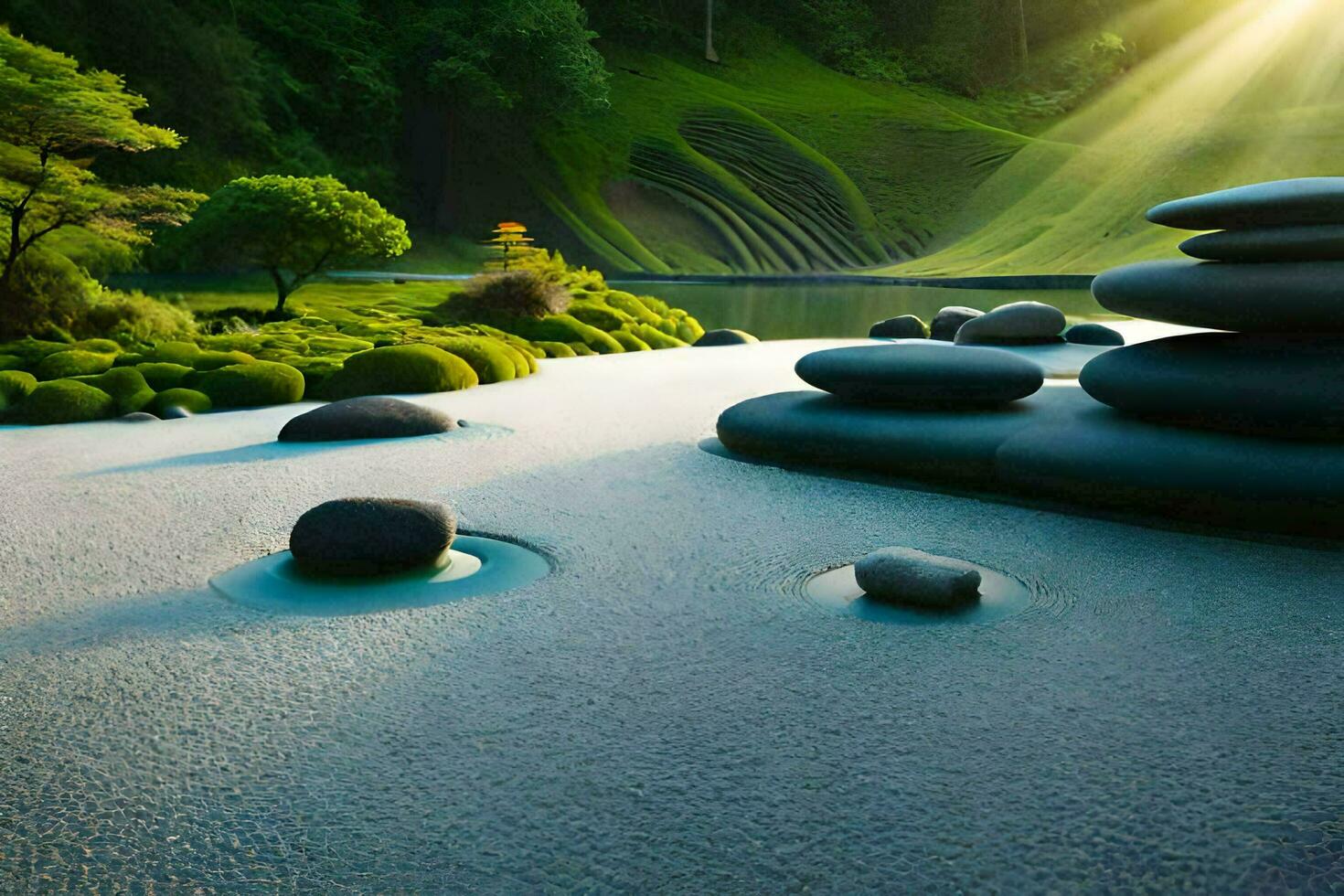 a japanese garden with rocks and water. AI-Generated photo