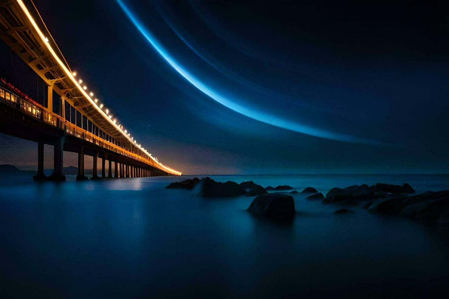 un largo exposición fotografía de un puente terminado el océano. generado por ai foto