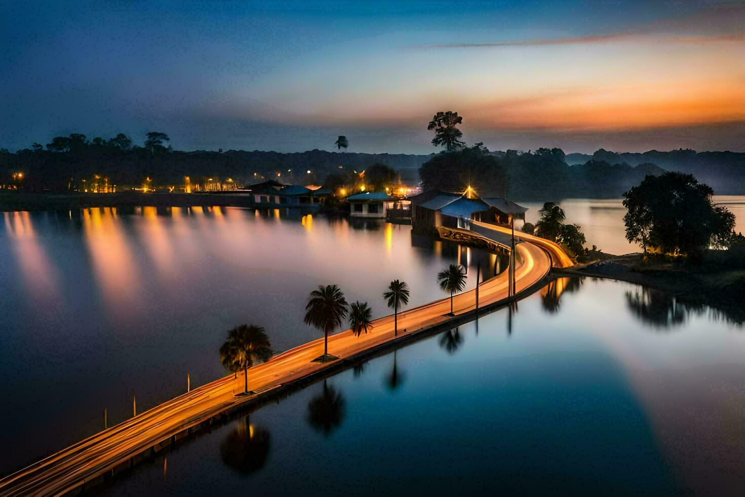 a long exposure photograph of a bridge over a lake at dusk. AI-Generated photo