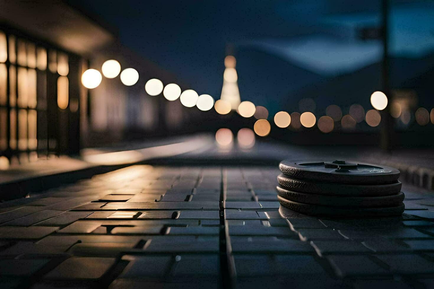 a street with a street light and a tire on the ground. AI-Generated photo