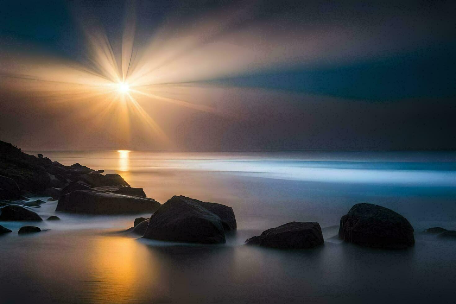 el Dom brilla brillantemente terminado el Oceano y rocas generado por ai foto