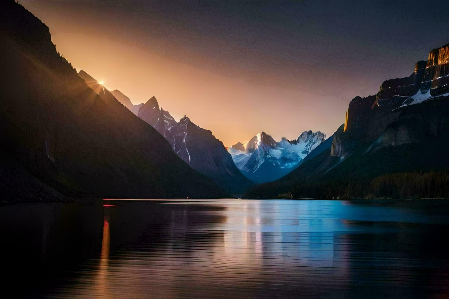 the sun is setting over a mountain range. AI-Generated photo