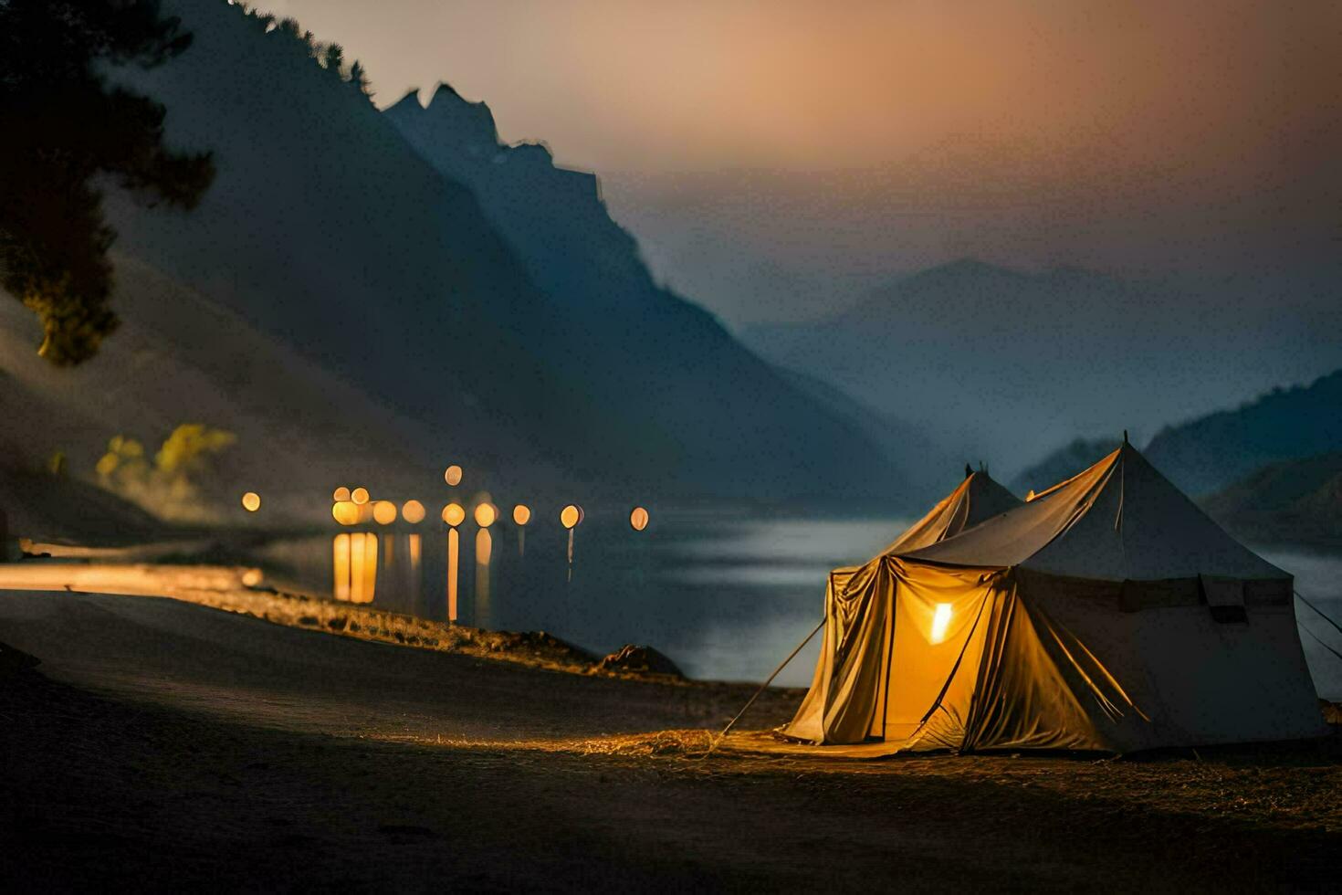 a tent is set up on the shore of a lake at dusk. AI-Generated photo