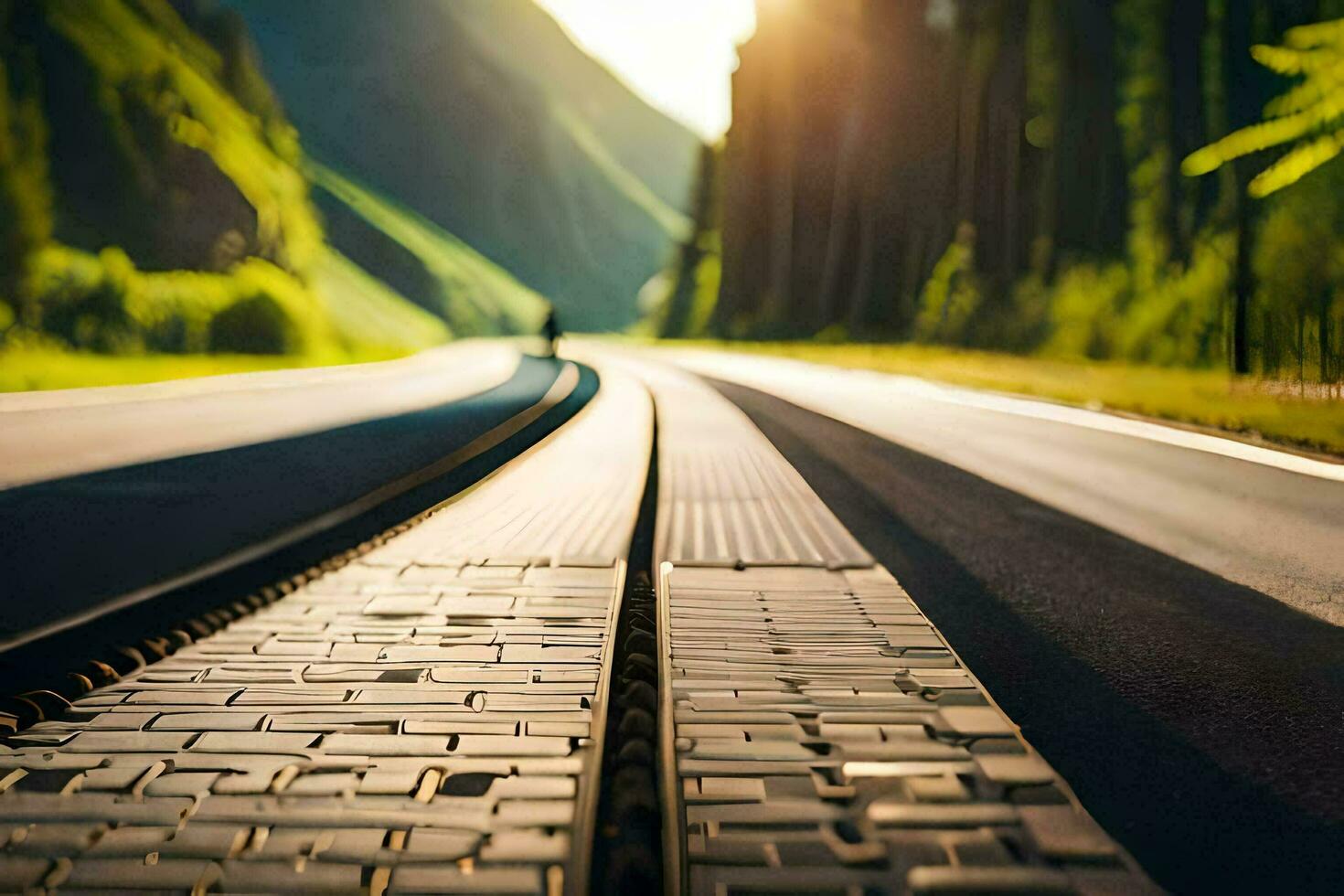 a train track in the middle of a forest. AI-Generated photo