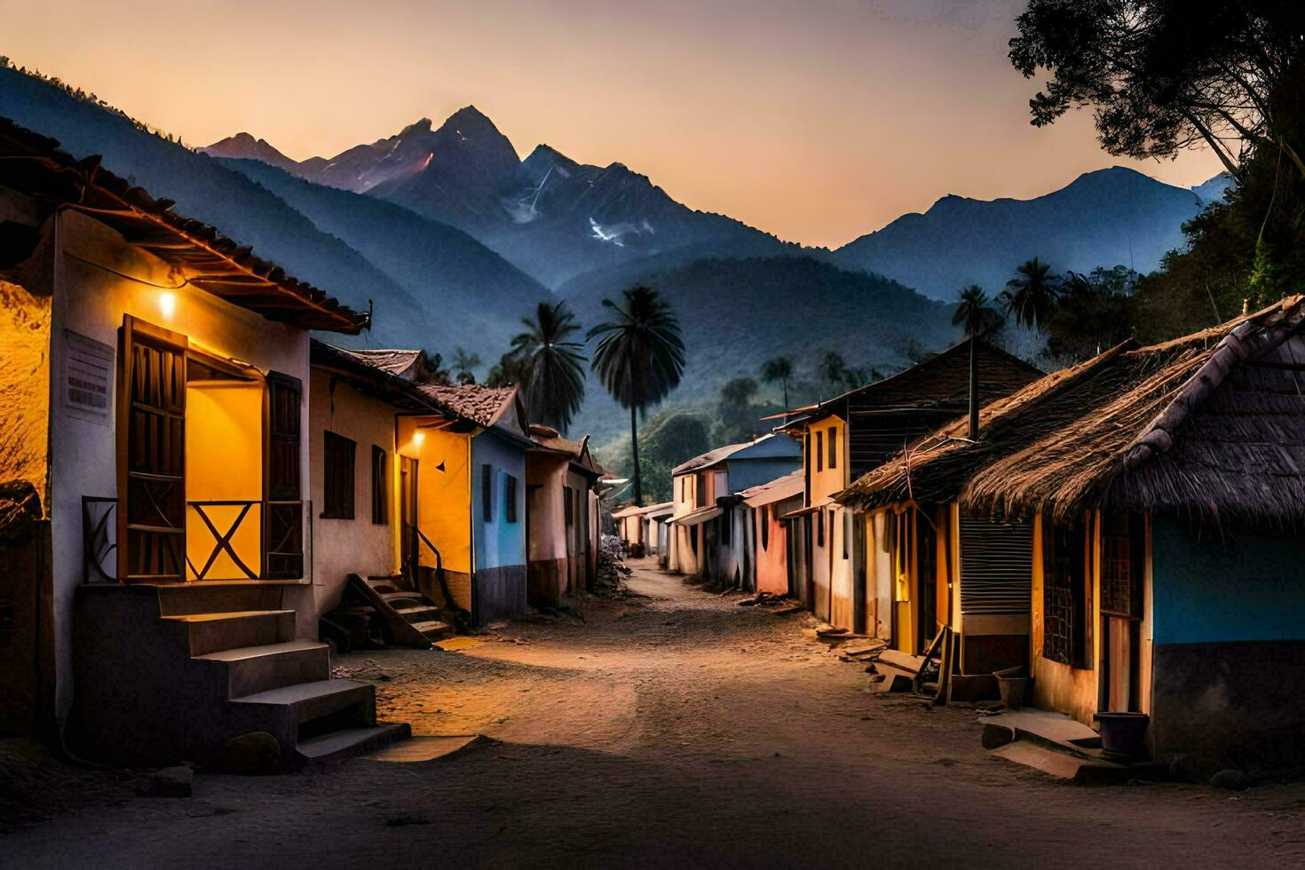 a village at sunset with mountains in the background. AI-Generated photo