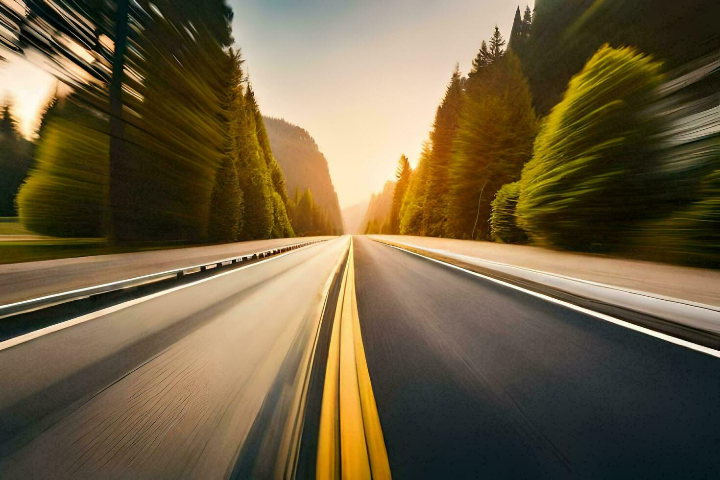 a blurry image of a road with trees in the background. AI-Generated photo