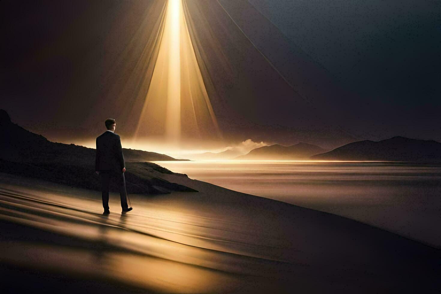 a man standing on the beach looking at the sun. AI-Generated photo