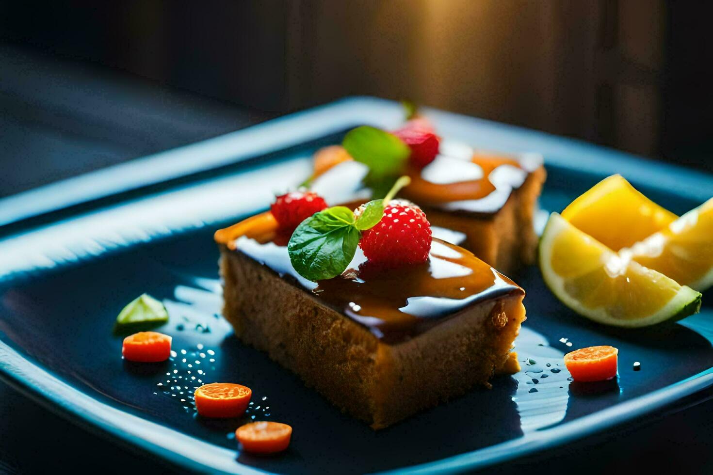 two pieces of cake with fruit and berries on a blue plate. AI-Generated photo