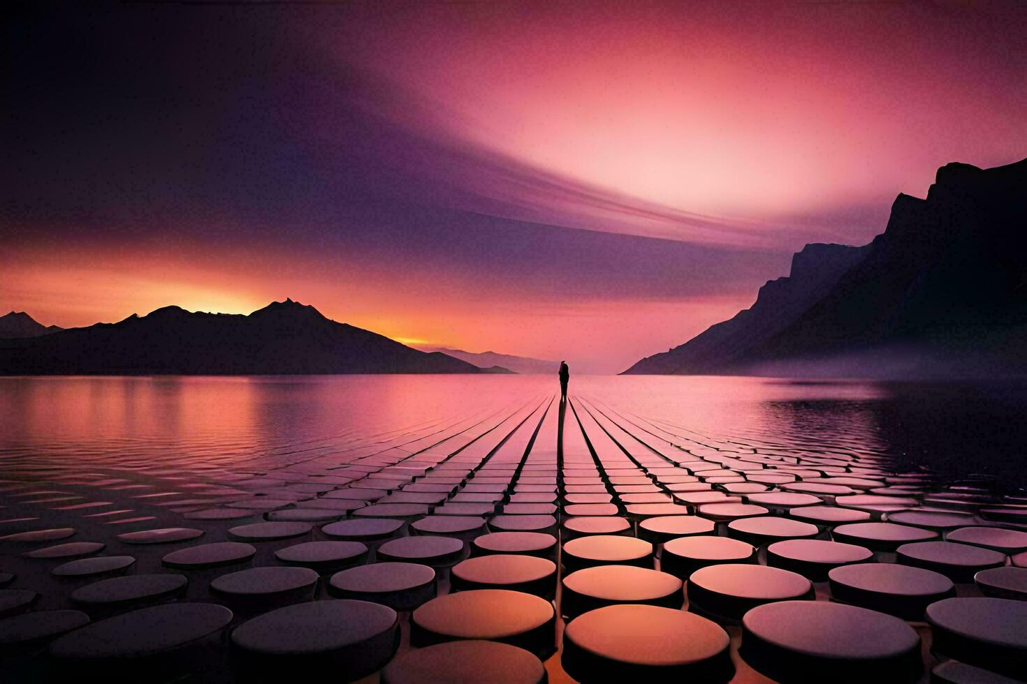 a man stands on a platform in front of a lake. AI-Generated photo