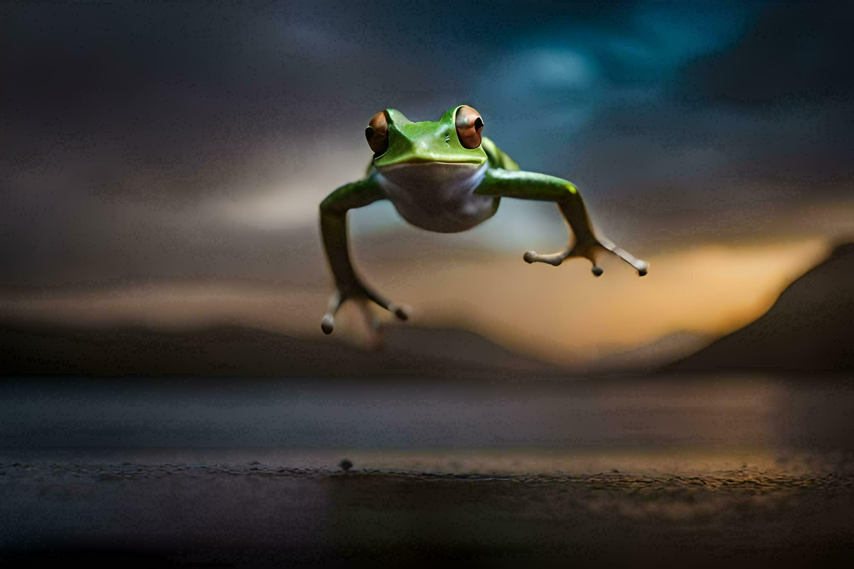 a frog jumping out of the water at sunset. AIGenerated 34301610 Stock