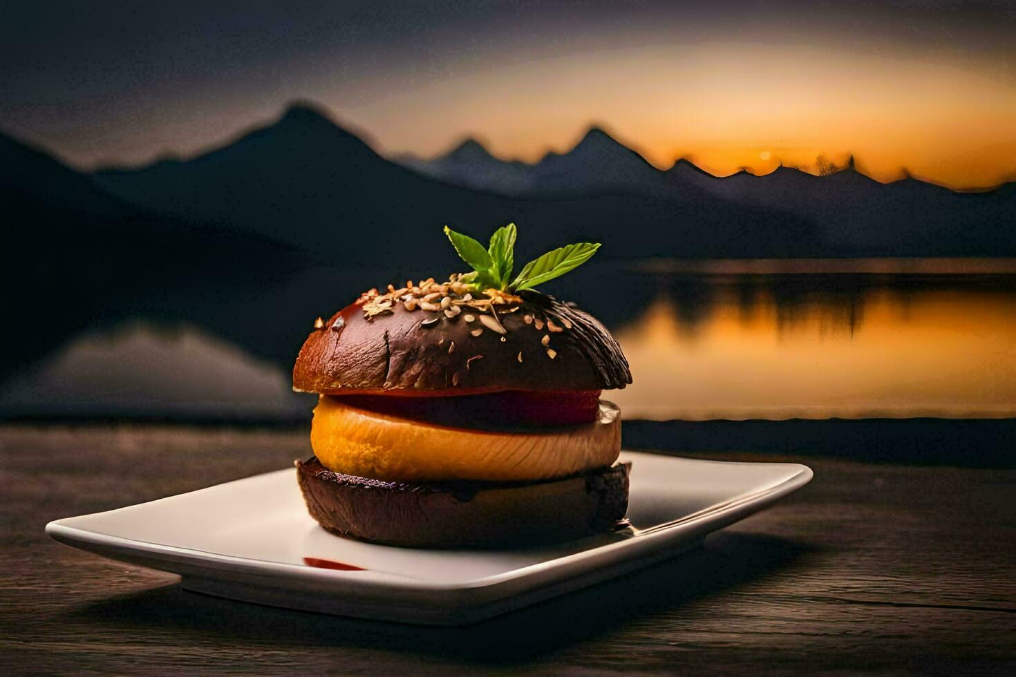 a burger on a plate with a lake in the background. AI-Generated photo