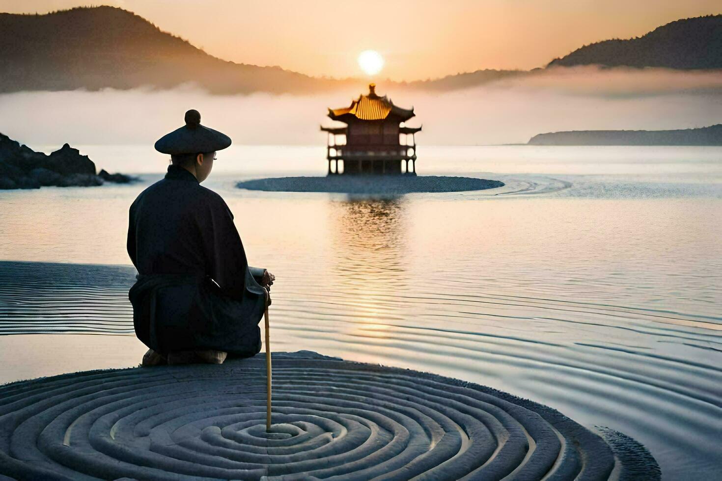 a man sitting on the sand with a spiral in the water. AI-Generated photo