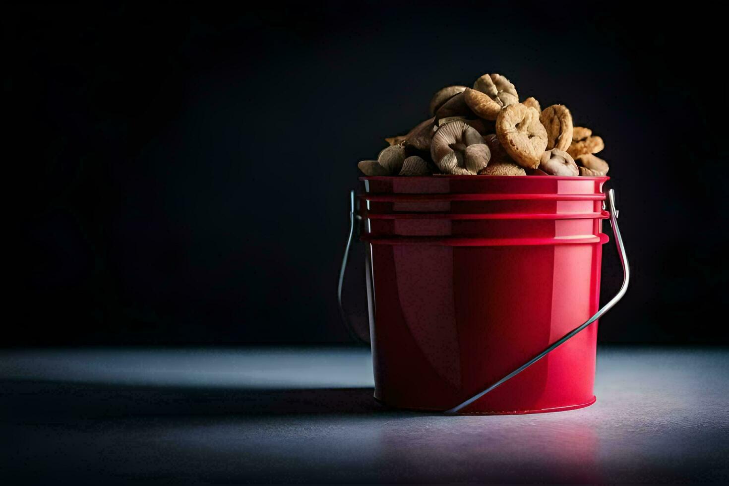 a red bucket filled with nuts and other food. AI-Generated photo