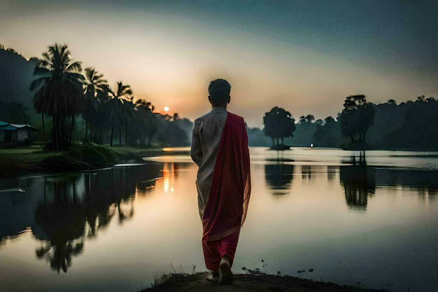 a man in a red sari stands by the water at sunset. AI-Generated photo