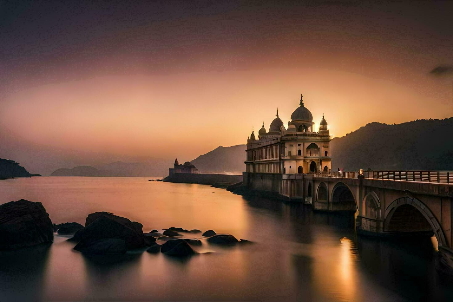 the sunset over the lake in india. AI-Generated photo