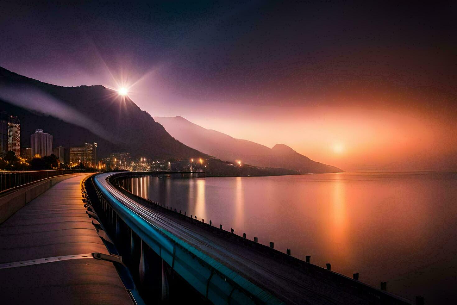 a long road leading to the sea at sunset. AI-Generated photo