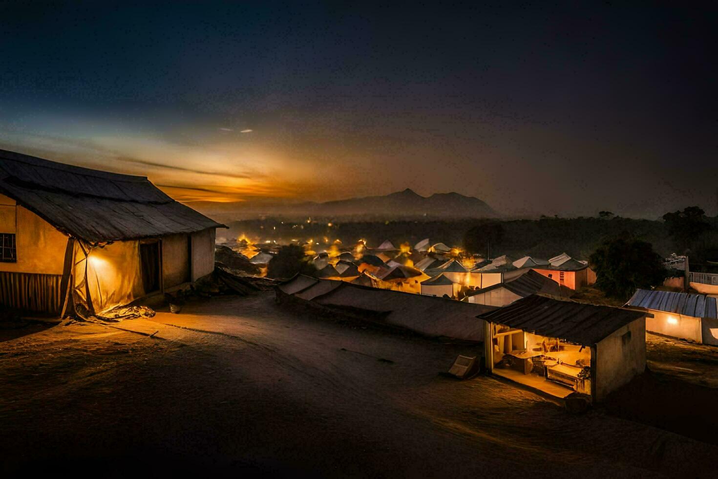 a village at night with lights on the roof. AI-Generated photo
