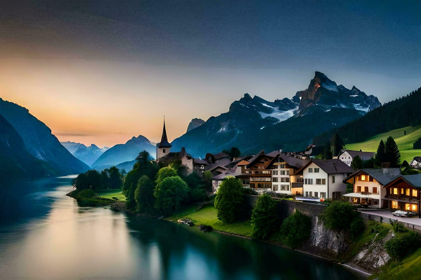 the sun sets over a mountain village in the alps. AI-Generated photo