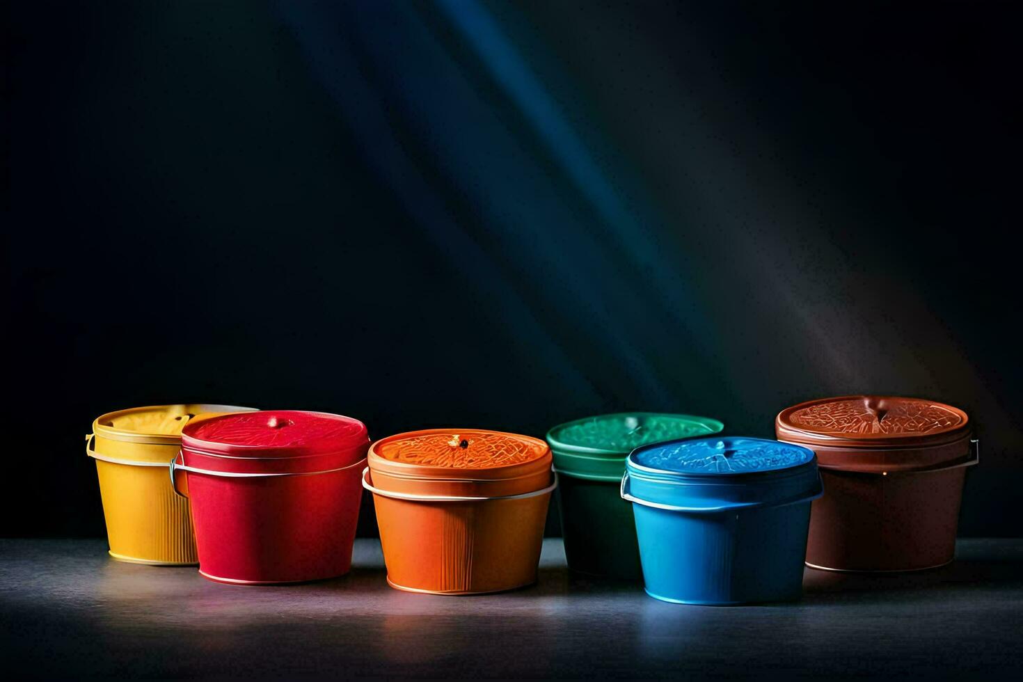a row of colorful buckets on a dark surface. AI-Generated photo