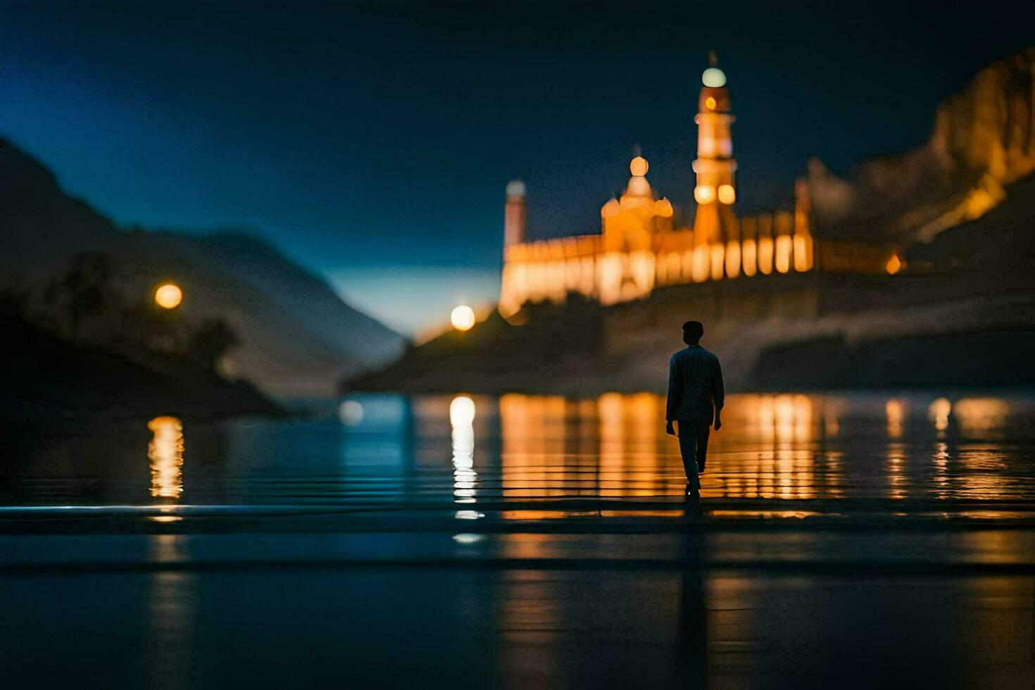 a man stands on the shore of a lake at night. AI-Generated photo