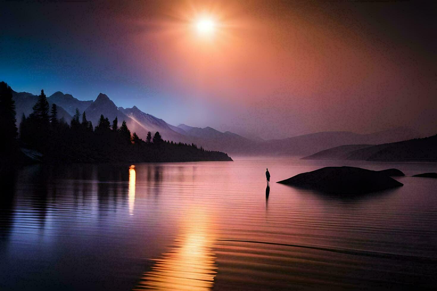 a man stands on a rock in the middle of a lake at night. AI-Generated photo