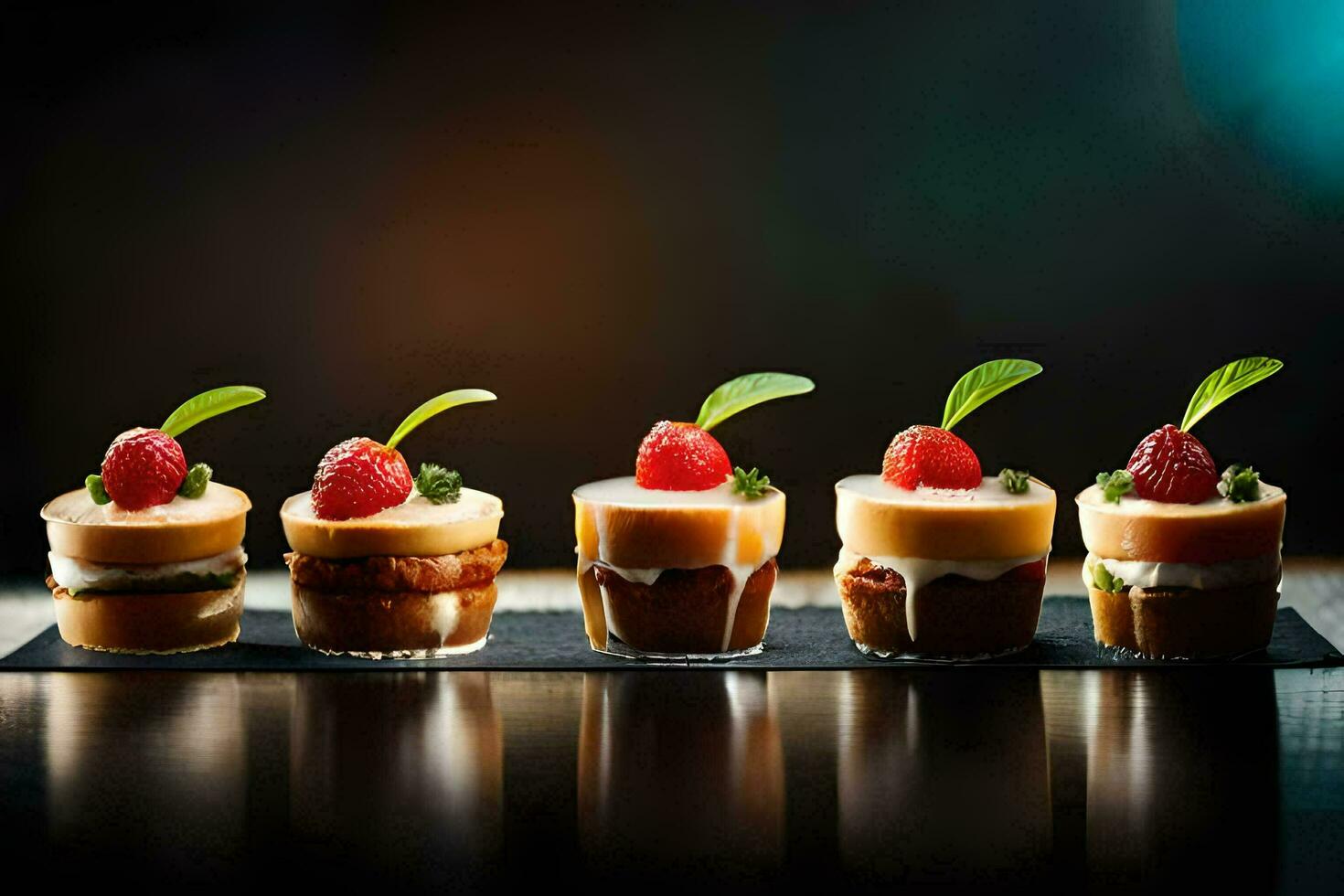 four desserts in small cups with raspberries. AI-Generated photo