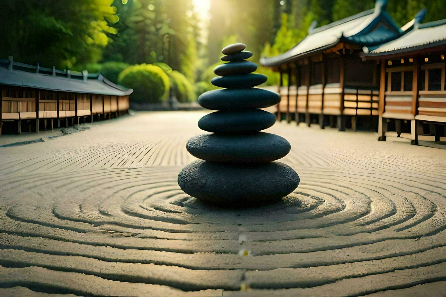 a stack of rocks in front of a pagoda. AI-Generated photo