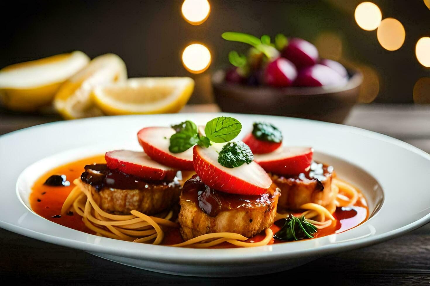 a plate of spaghetti with meat and strawberries. AI-Generated photo