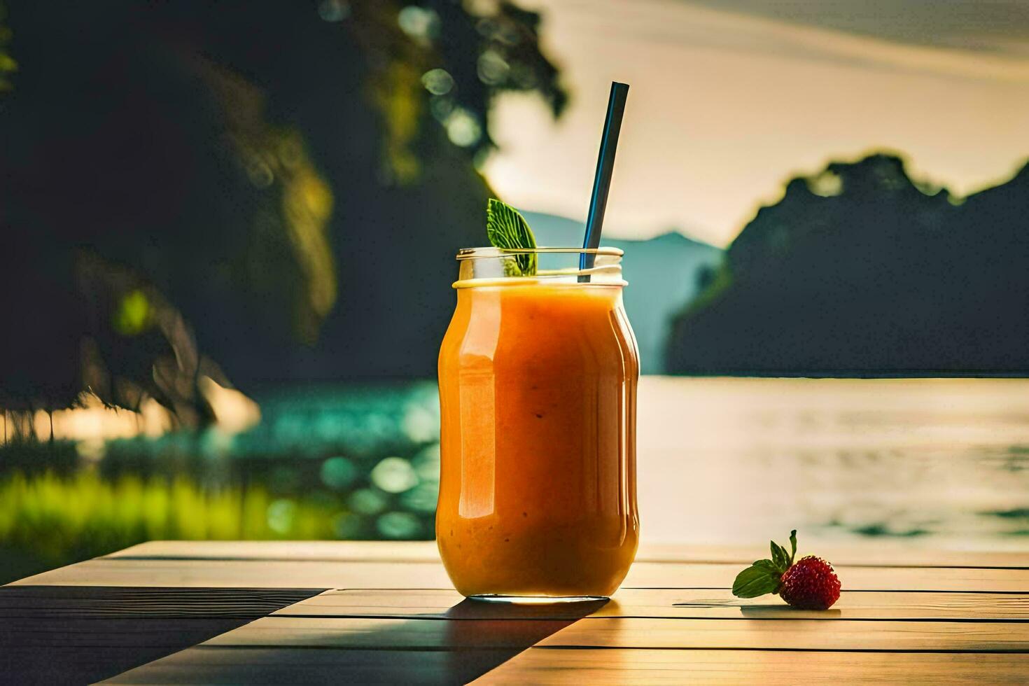 un vaso de naranja jugo en un mesa cerca un lago. generado por ai foto