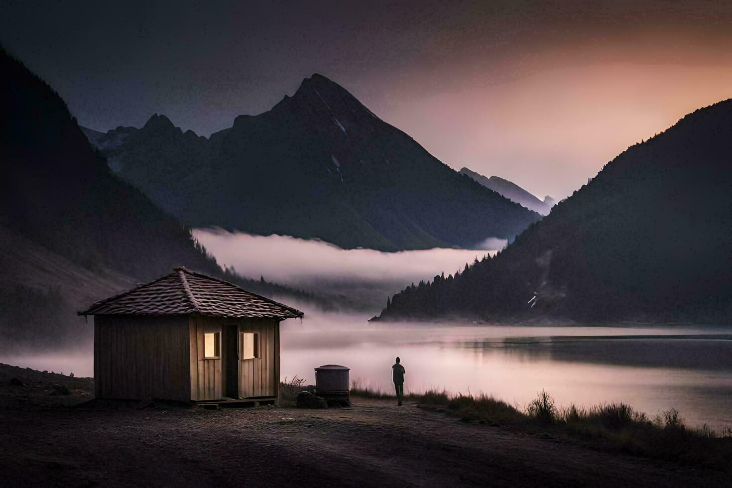 a small hut sits on the shore of a lake at sunset. AI-Generated photo