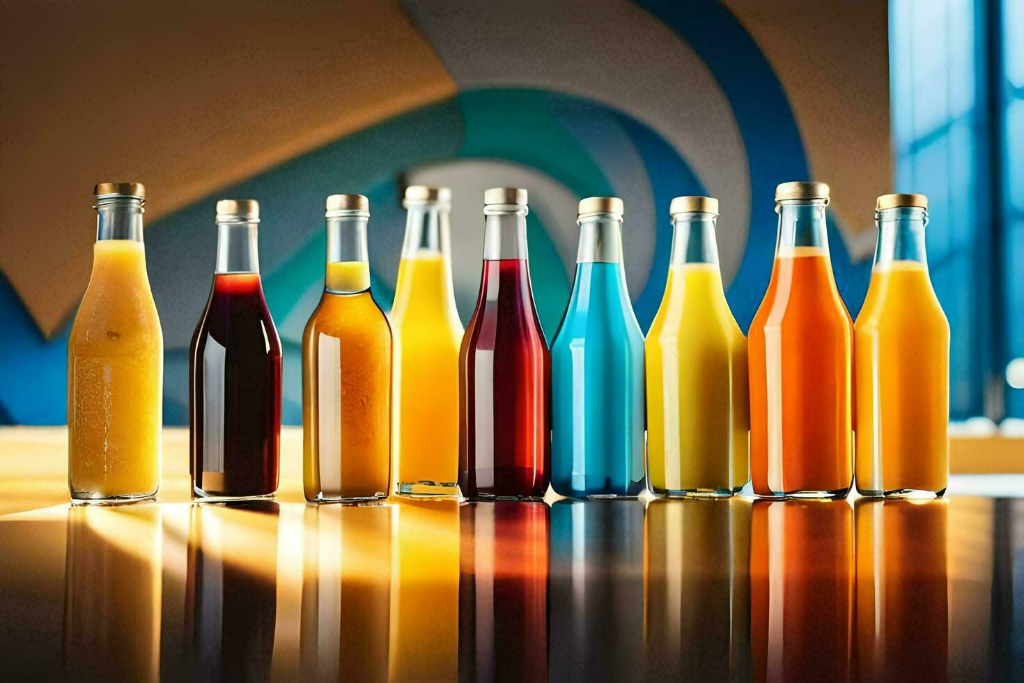 a row of bottles of different colored juices. AI-Generated photo
