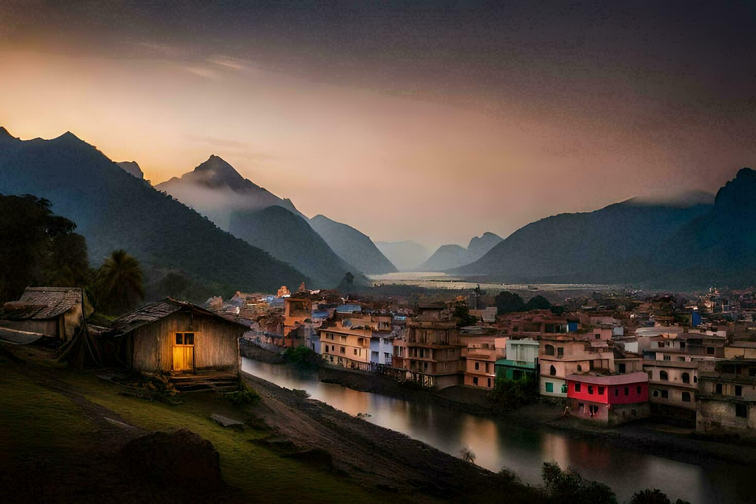 un pueblo en el montañas a puesta de sol. generado por ai foto