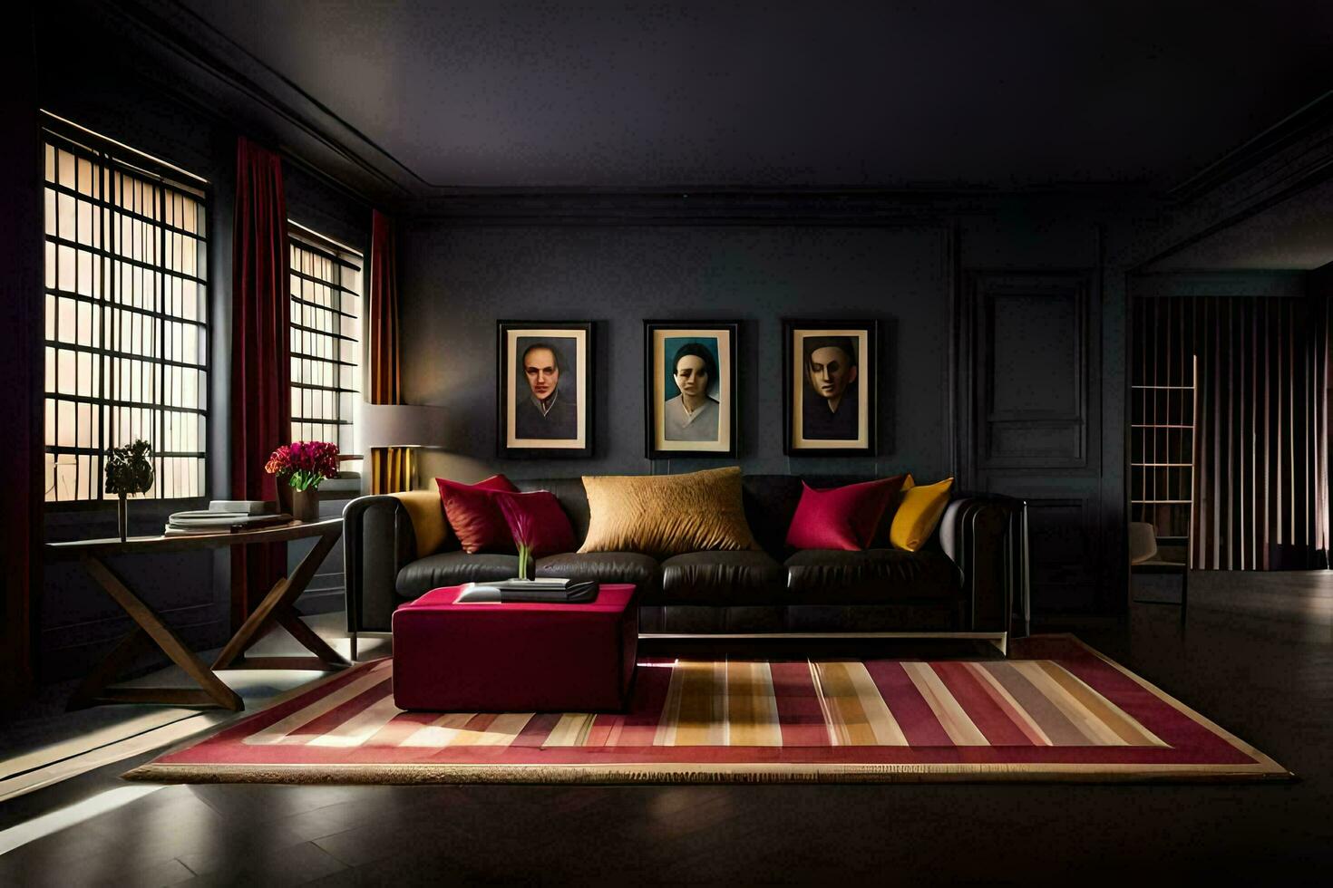 a living room with black walls and a red and pink striped rug. AI-Generated photo