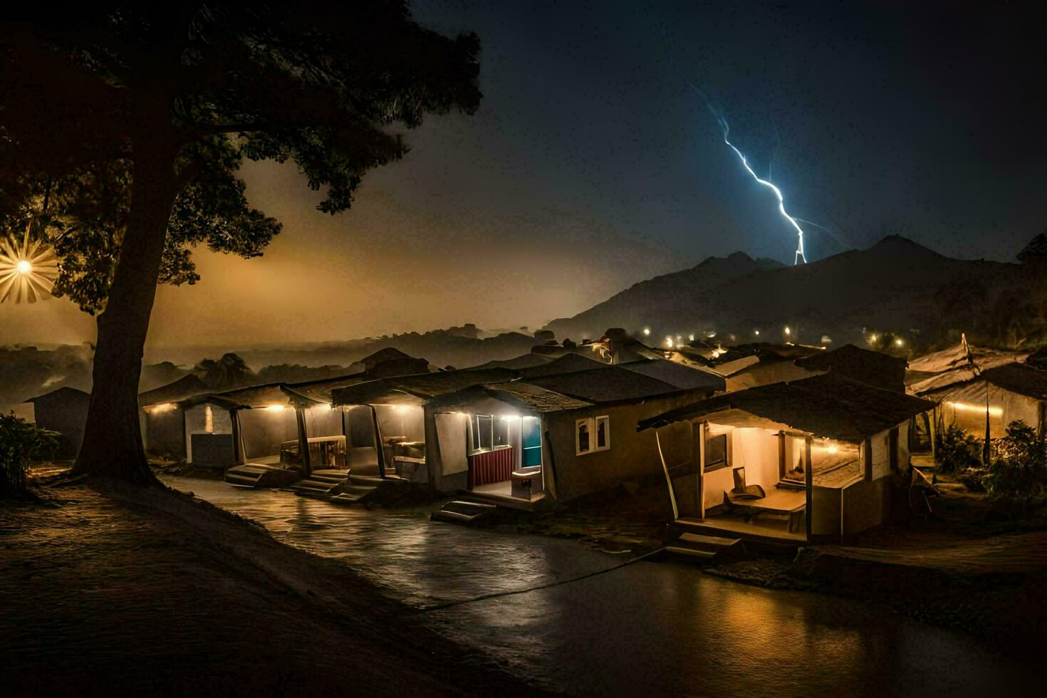 lightning strikes over a row of houses at night. AI-Generated photo