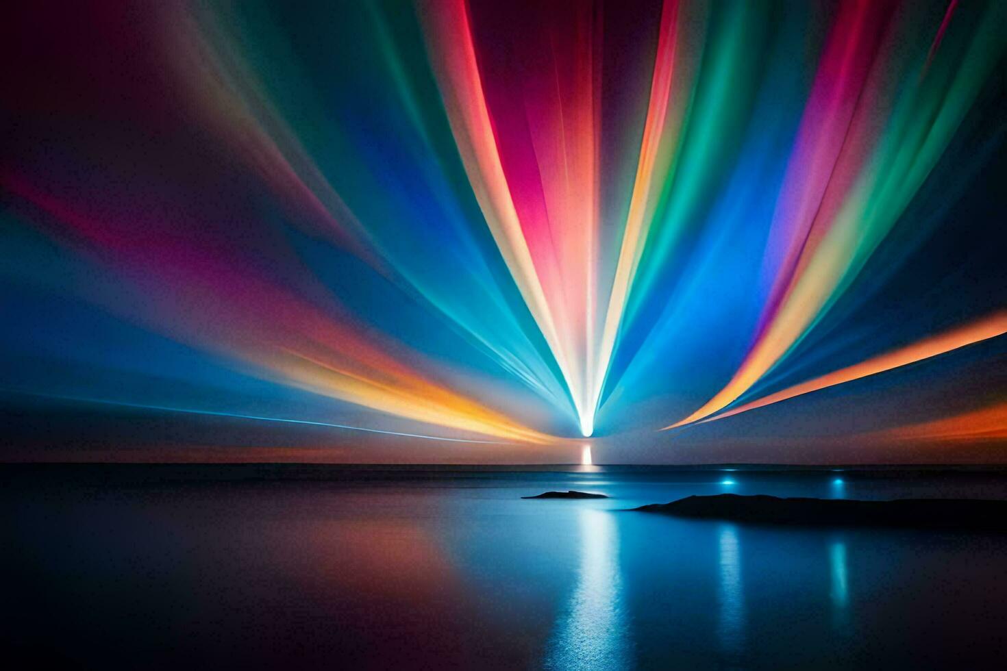 a colorful light beam is shining over the ocean. AI-Generated photo