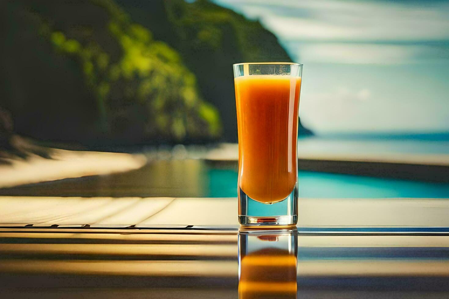 a glass of orange juice sitting on a table near the pool. AI-Generated photo