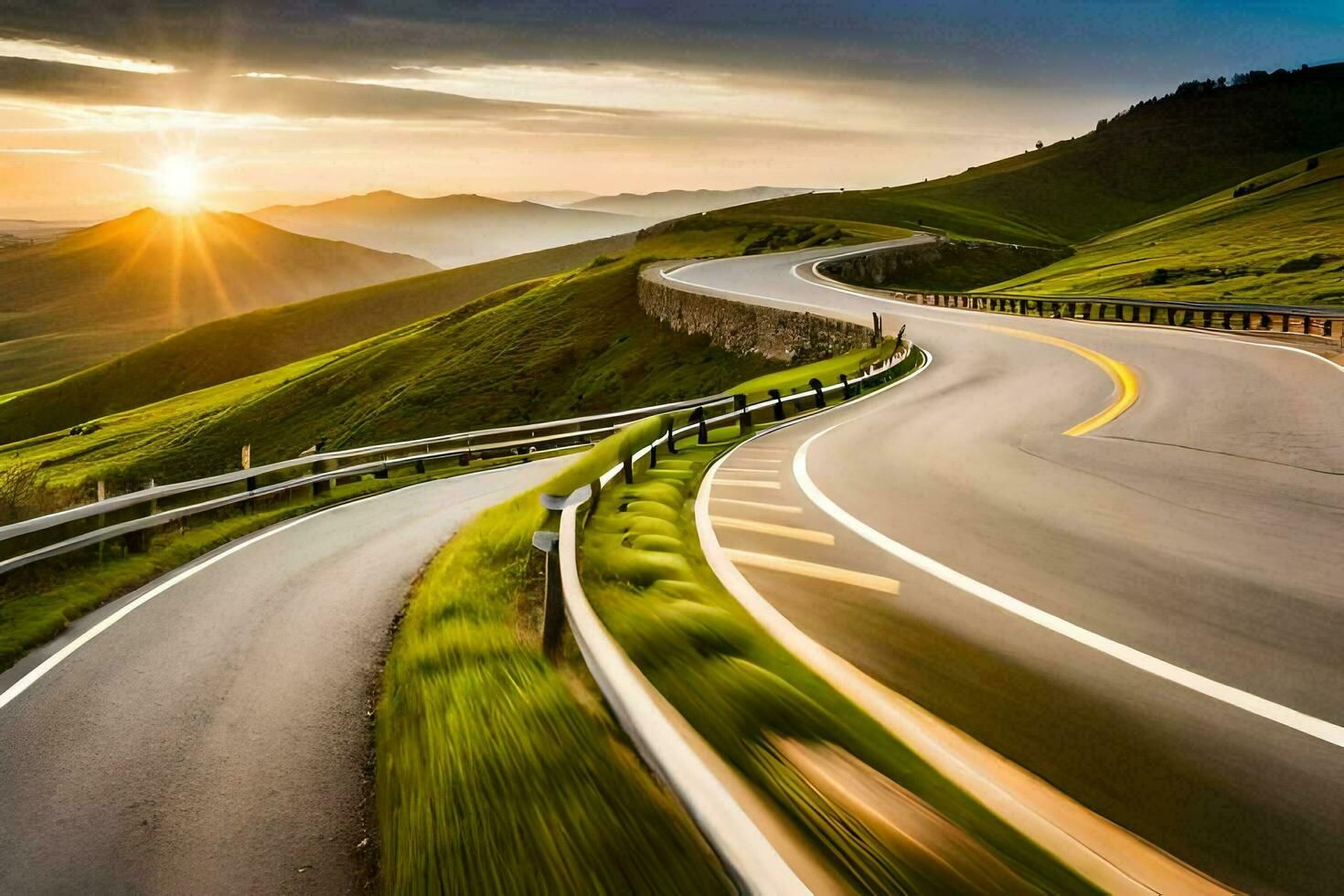 a winding road with the sun setting behind it. AI-Generated photo