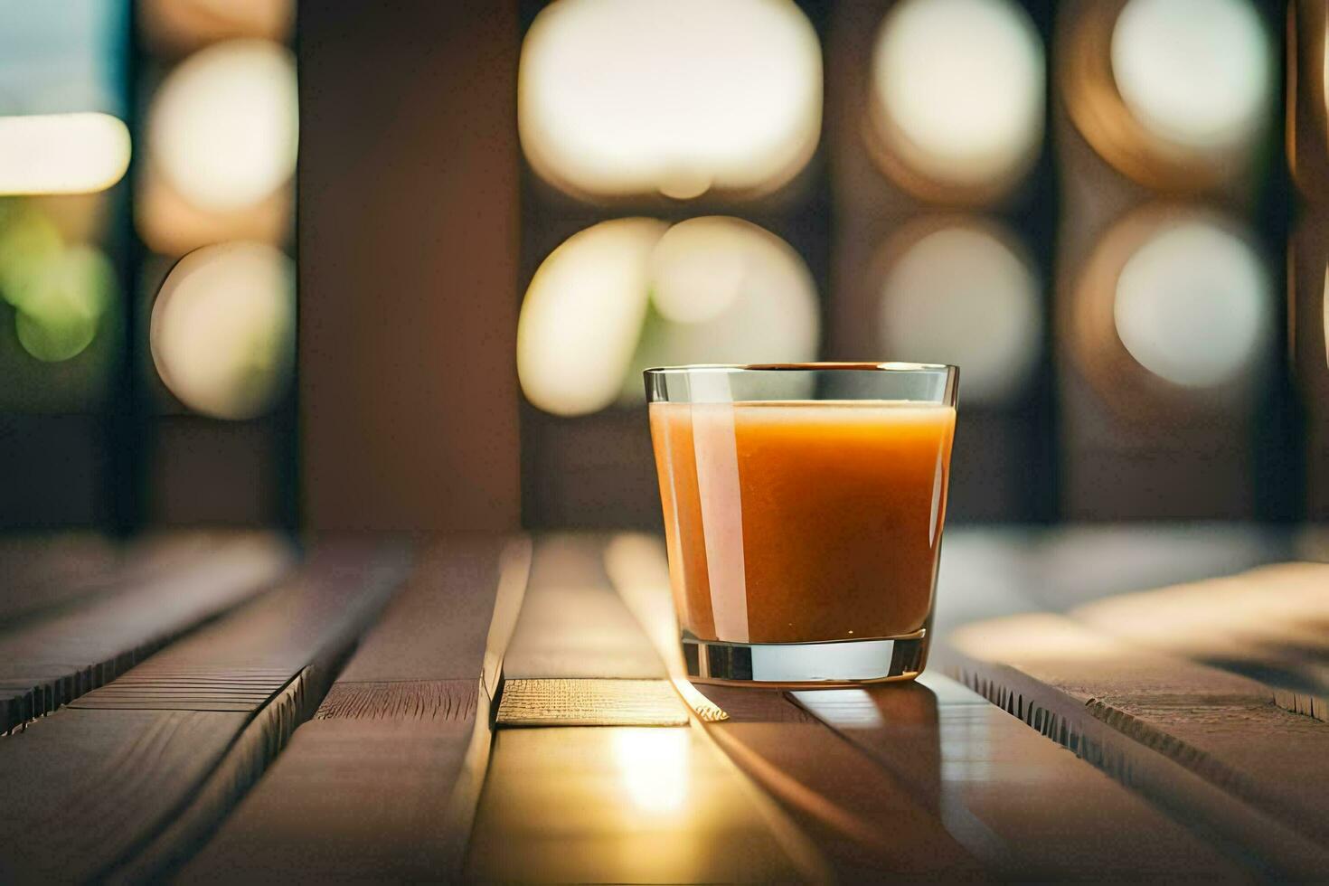 a glass of orange juice sitting on a wooden table. AI-Generated photo