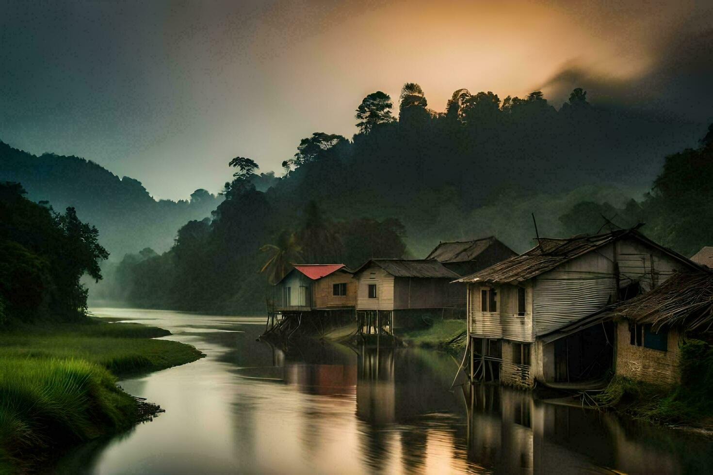 a river runs through a village at sunrise. AI-Generated photo
