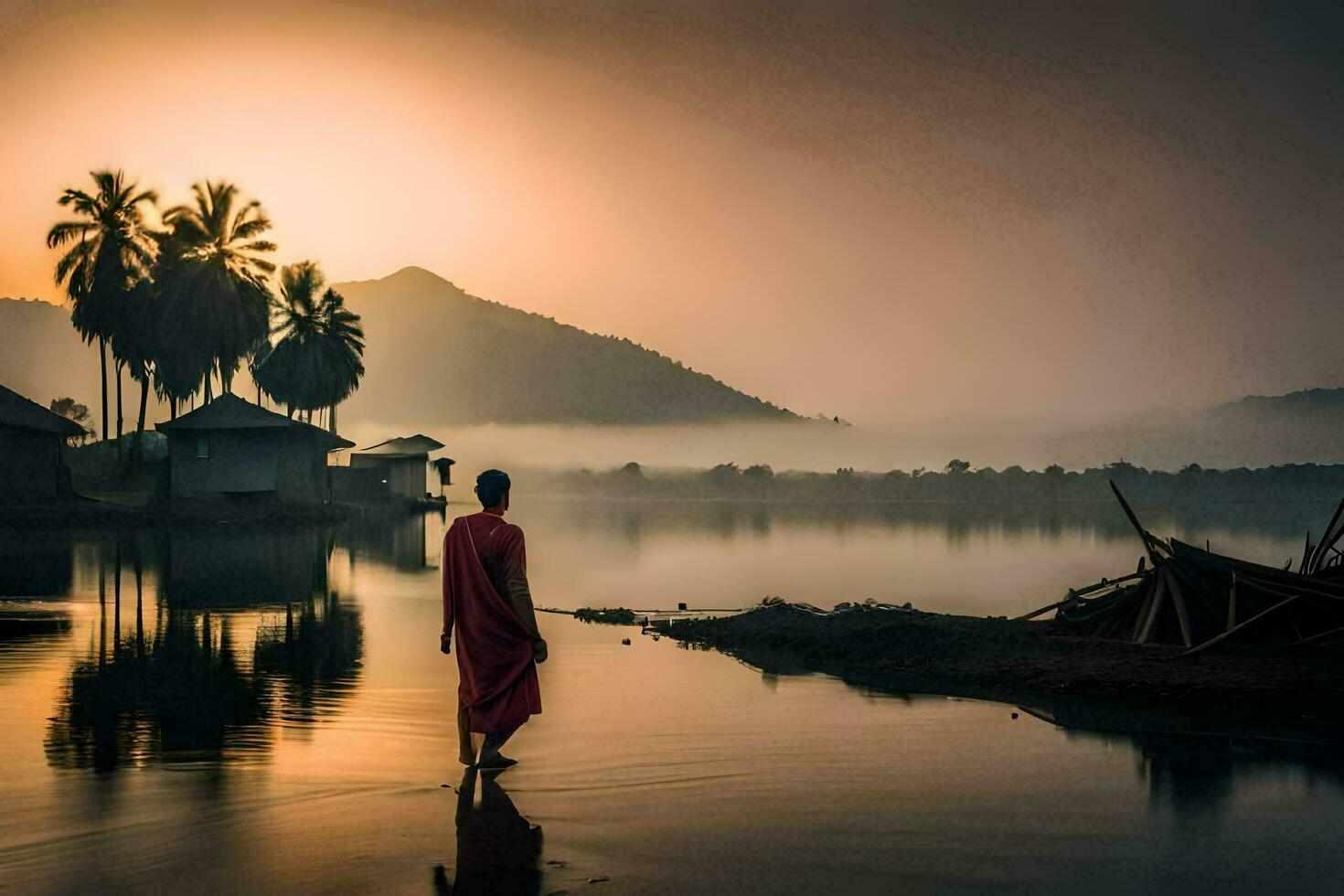 a monk walks along the shore of a lake at sunrise. AI-Generated photo