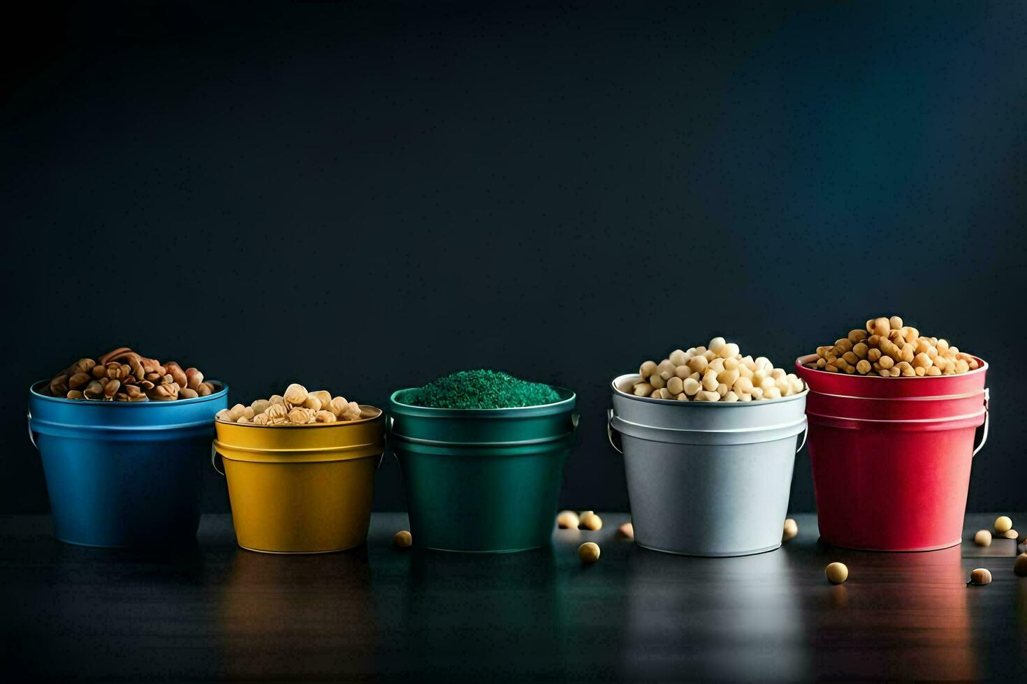 a row of buckets with different colored beans. AIGenerated 34302354