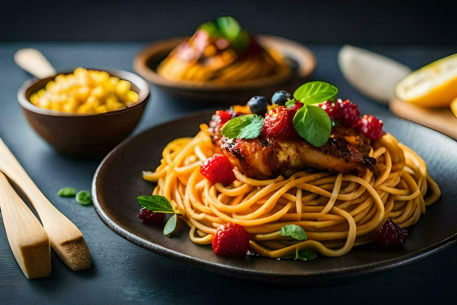 chicken with berry sauce and pasta on a black plate. AI-Generated photo
