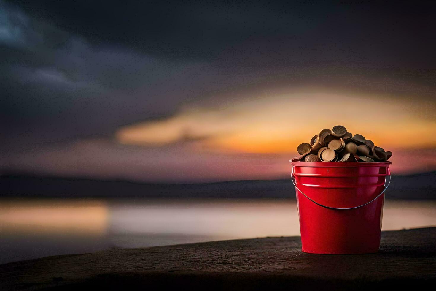 a red bucket filled with coins sitting on a dock. AI-Generated photo