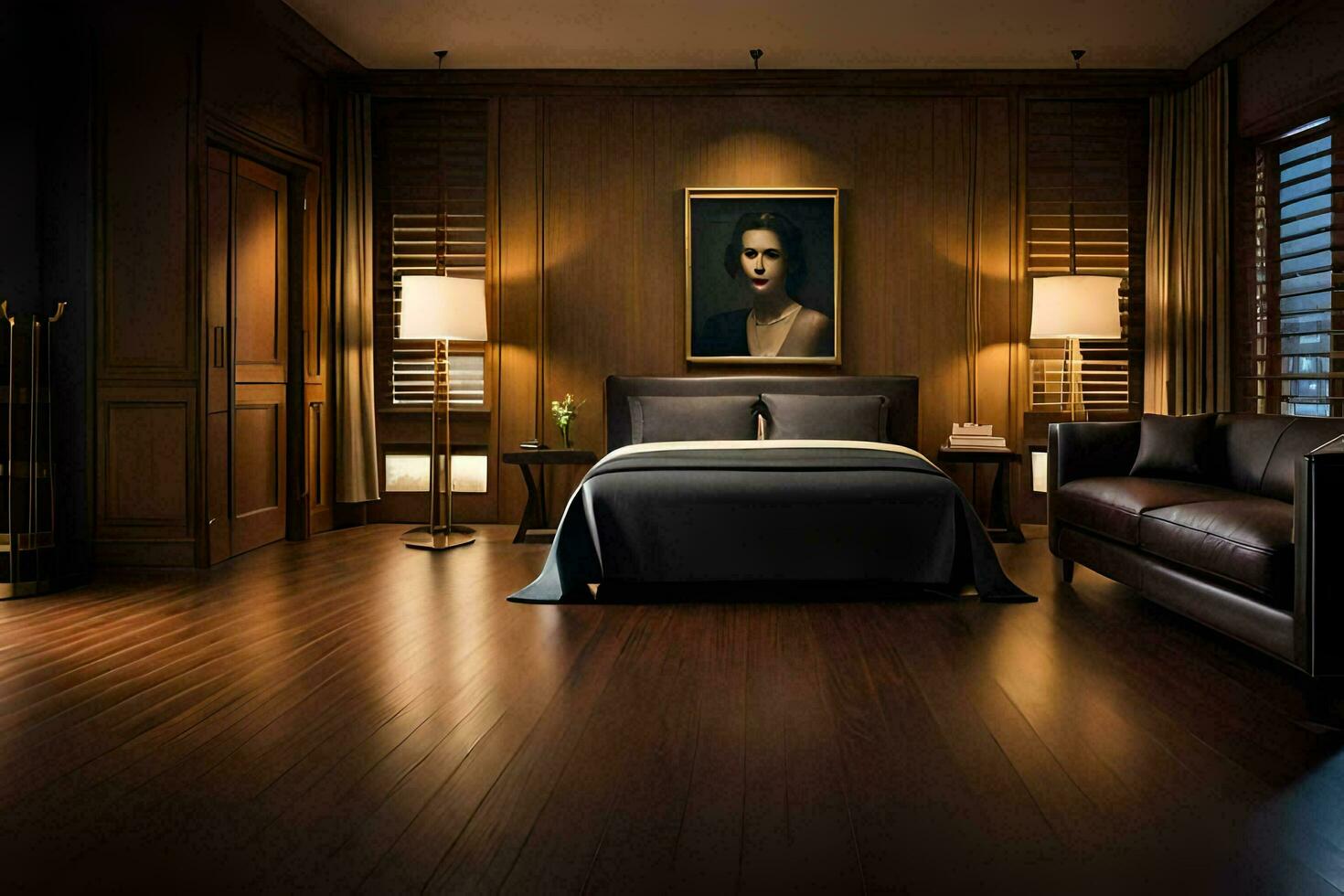 a bedroom with a bed, a lamp and a painting. AI-Generated photo